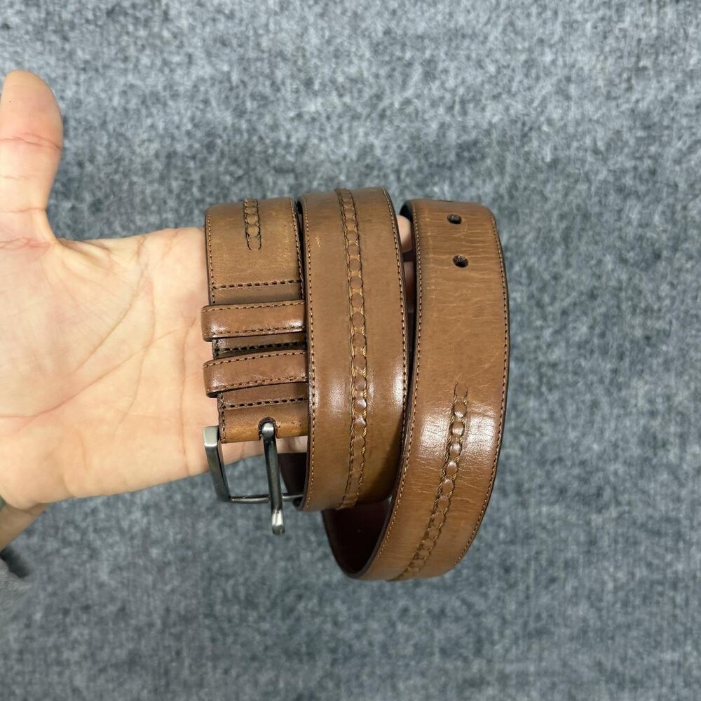 Mezlan Belt Mens 36 Brown Leather Dressy Stitch Detail Silver Buckle Spain